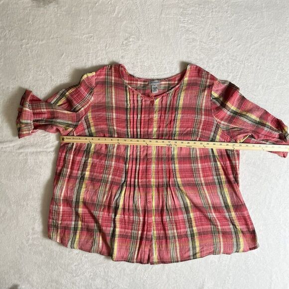 Catherine’s Women’s Plaid Blouse Size 3X Pink Multicolor Tab Sleeves Sheer Airy - Picture 5 of 7